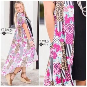 Crazy Train Women Sz M Patchwork Duster Jacket Long Cardigan Leopard Print Pink